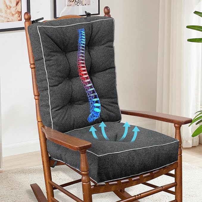 YZ HOME Rocking Chair Cushion, Set of Thicken Seat & Back Chair Cushions with Memory Foam, Non-Slip Chair Pad with Ties for for Indoor&Outdoor Rocker, Dark Grey, 22x17x5/17x17x5-Ruum Studio Home