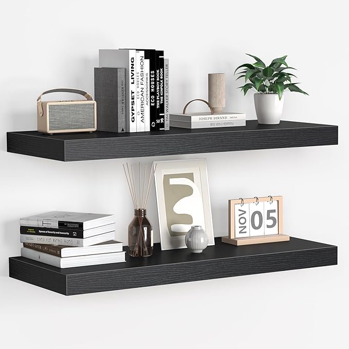 Floating Shelves - 2 Pack 9 Inch Rustic Wooden Wall Shelves - Extra Deeper & Thicker Wall Mounted Storage Shelf for Living Room, Kitchen, Farmhouse - 24" W x 9" D x 1.6" H - Rustic Black-Ruum Studio Home