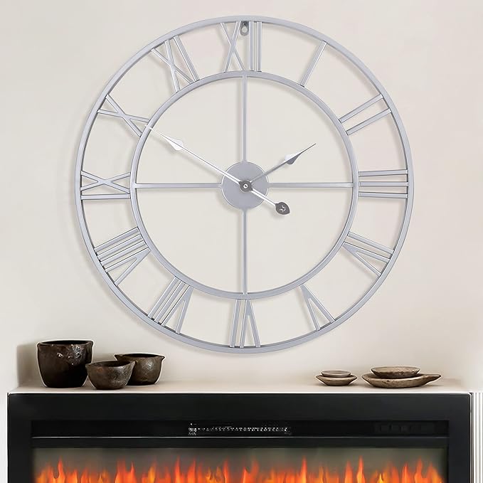 LEIKE 32" Large Modern Wall Clocks,Vintage,Round,Nearly Silent,Little Ticking,Battery Operated,Silver Metal Roman Numerals Clock for Living Room/Bedroom/Kitchen Wall Decor-Ruum Studio Home