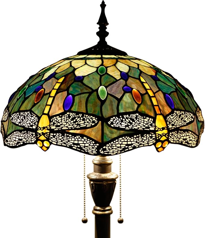 Tiffany Floor Lamp Stained Glass Lamp Standing Reading Light 16x16x70 Inch for Living Room (Amber Yellow Dragonfly)-Ruum Studio Home