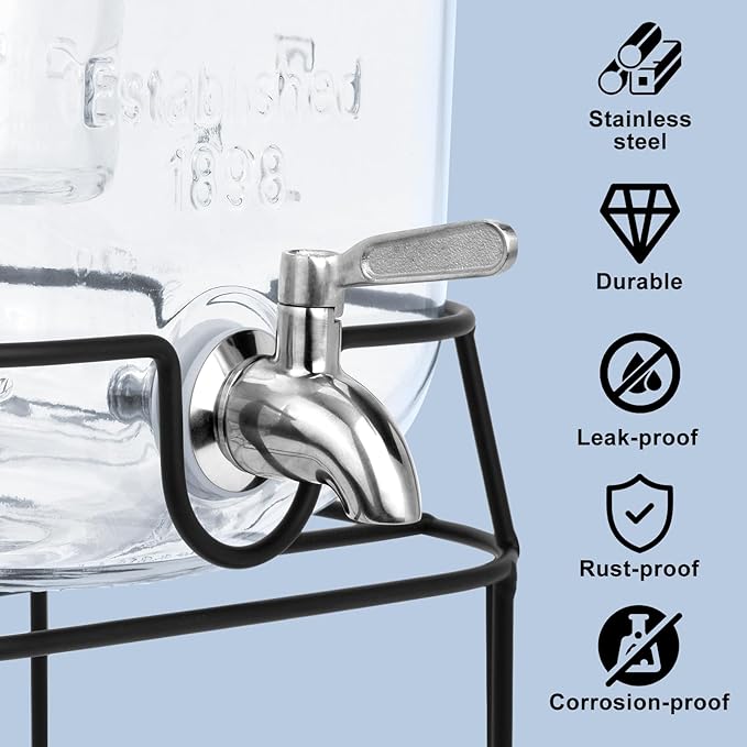 2 Gallon Glass Drink Dispensers For Parties,Beverage Dispensers With Stand And 100% Leakproof Stainless Steel Spigot.Glass Water Jug Dispenser,Lemonade Dispenser,Mason Jar.-Ruum Studio Home