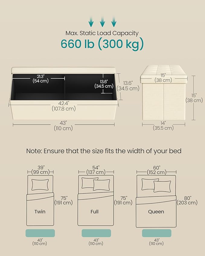 SONGMICS MAZIE Collection - 43 Inches Folding Storage Ottoman Bench, Ottoman Foot Rest, End of Bed Bench, Storage Chest, Load 660 lb, for Living Room, Bedroom, Entryway, Cream White ULSF77BE-Ruum Studio Home