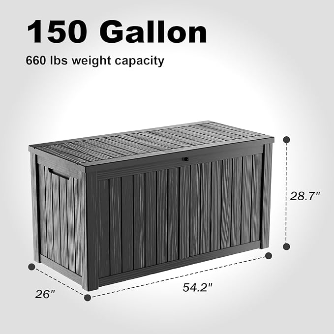 150 Gallon Outdoor Deck Box,Storage Lockable Waterproof Patio Furniture,Garden Tools,Cushions,Pool Accessories Outside Storage Resin Box(Black)-Ruum Studio Home