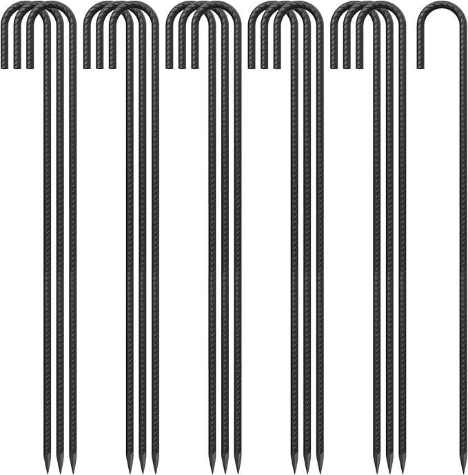 J Hook Rebar Stakes 36 Inch 3/8 Inch Diameter Steel Tent Stakes Heavy Duty Chain Link Fence Stakes Trampoline Stakes with Chisel Point End Metal Stakes for Ground, Canopy Swing Set, Black (16 Pcs)-Ruum Studio Home