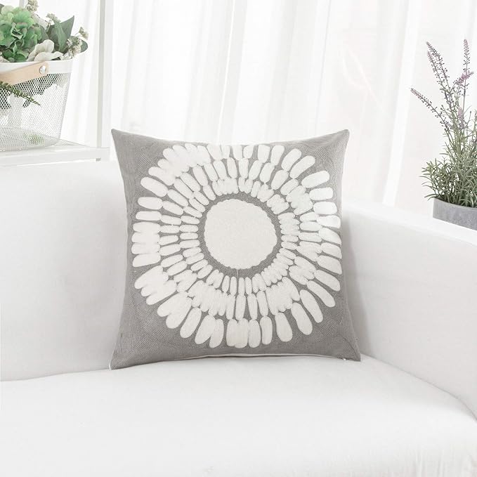 HWY 50 Grey Gray Decorative Throw Pillow Covers 18x18 Inch, Pack of 2 Embroidered Cotton Farmhouse Cushion Cover Pillow Case for Sofa Couch Living Room Bed Bedroon, Sunflower Design-Ruum Studio Home