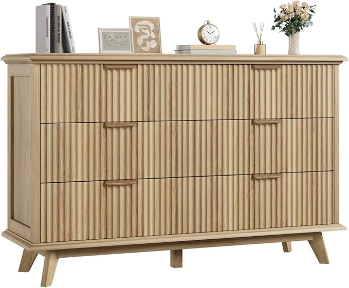 QUW Fluted Dresser for Bedroom with 6 Drawers, 47.2" Wide Modern Chest of Drawers with Metal Handle, Wooden Dresser TV Stand and Closet Clothes Storage Organizer for Living Room, Hallway, Natural Oak-Ruum Studio Home