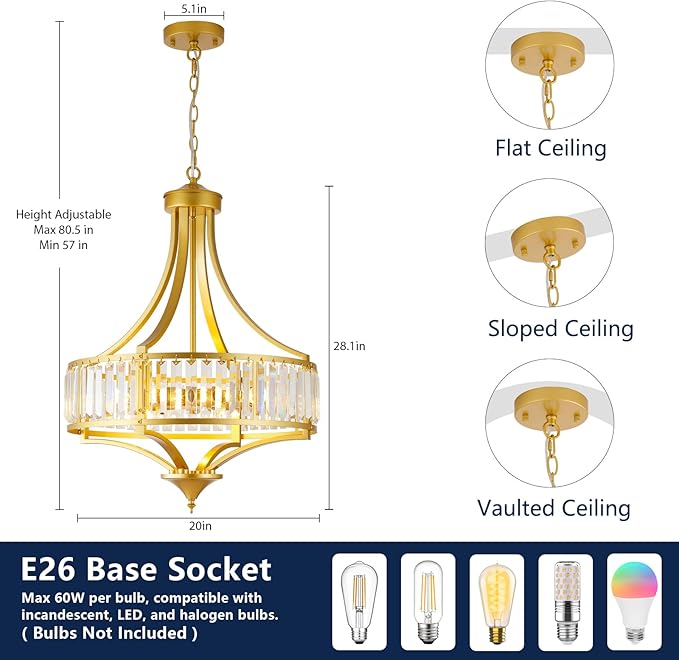 Modern Gold Crystal Chandelier, 20 Inch Large Ceiling Pendant Light Fixture with 50'' Adjustable Hanging Chain, 5-Light Farmhouse Chandelier for Dining Room, Living Room, Bedroom, Entryway-Ruum Studio Home
