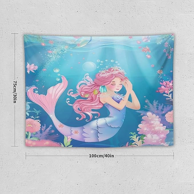 HZOHNAGO Mermaid Girls Tapestry Watercolor Flowers Mermaid Princess Blessing Pattern for Kids Room Decoration Printed Wall Tapestry Wall Hanging for Bedroom Living Room Dorm 40" W x 30" H-Ruum Studio Home