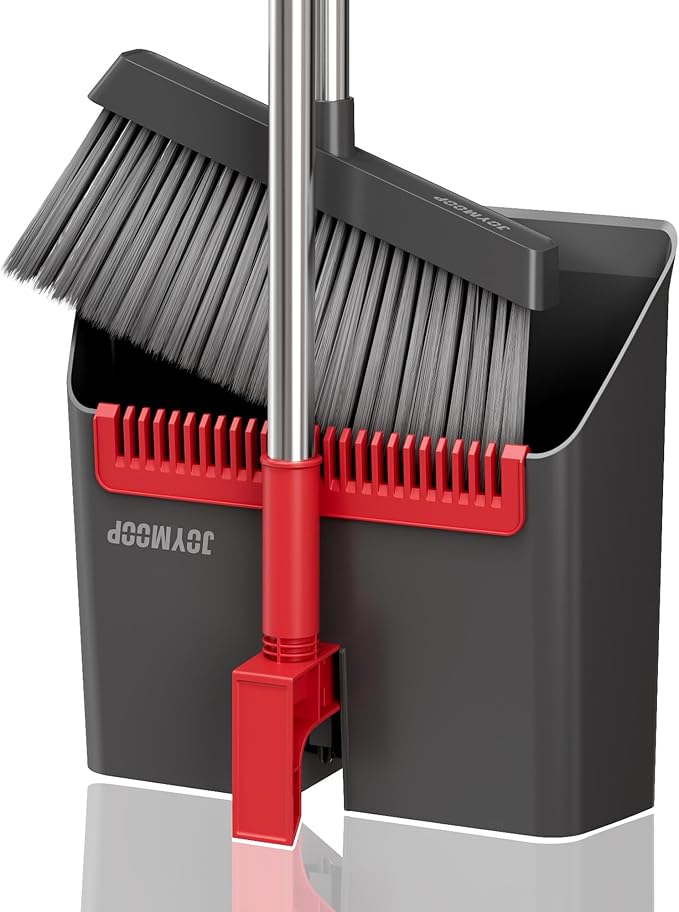 JOYMOOP Black and Red Broom and Dustpan Set, Upright Angle Design with Built-in Comb Teeth for Home, Office, Hard Floors-Ruum Studio Home