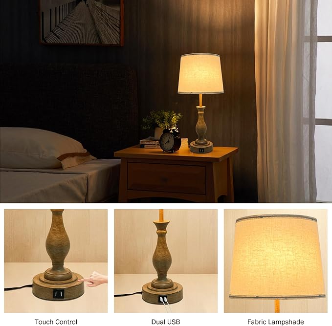 Farmhouse Table Lamp Touch Control 3-Way Dimmable Table Lamp, Modern Nightstand Lamp with 2 USB Port Bedside Desk Lamp with Fabric Shade for Living Room (Pack 1-Beige Shade & Touch)-Ruum Studio Home