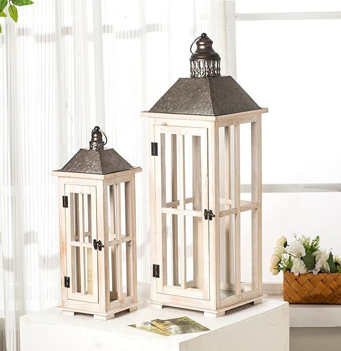 TIMRIS Large Rustic Wooden Decorative Lantern Set of 2, Modern Farmhouse Distressed Whitewash Floor Candle Lanterns, Indoor/Outdoor Hanging Lanterns for Home Decor (No Glass)-Ruum Studio Home
