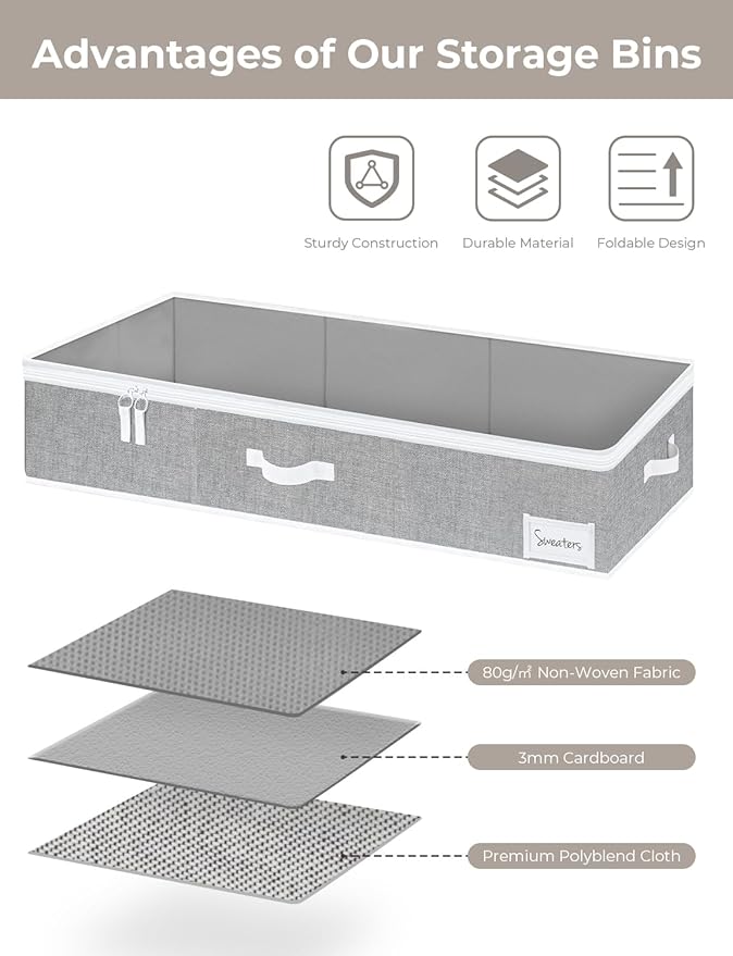 StorageWorks Extra Large Under Bed Storage Containers with Handles and Label Holder, 2 Pack Ultra-thick Fabric Underbed Bins, Closet Organizer for Clothes, Blankets, Sweater-Ruum Studio Home