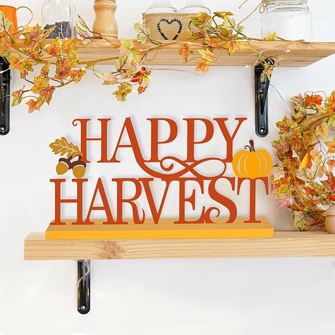COCHIE Metal Happy Harvest Sign, Orange Fall Decorations for Home, Office, Shelf, Mantel, Indoor, Autumn Pumpkin Decoration, Hello Fall Leave Decor (Harvest)-Ruum Studio Home