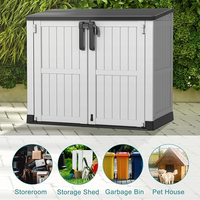 Vixzen 233 Gallon Larger Outdoor Deck Box,Lockable Resin Waterproof Storage Box,UV Resistant,Weather Resistance,Outside Storage Bin for Gardening Tools,Pool Supplies, Black and White-Ruum Studio Home