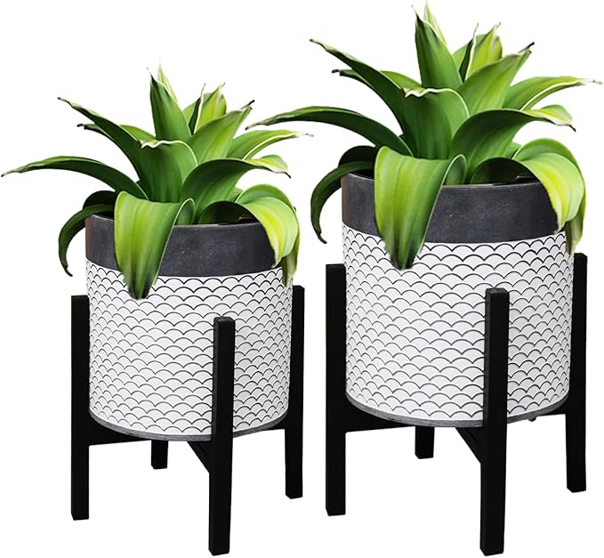 Planter with Stand Set of 2, Mid Century Plant Pots with Metal Legs Indoor, Modern Flower Pots with Drainage Holes, Decorative Garden Pot for Living Room, Office, Garden, or Balcony 10 & 12 inches-Ruum Studio Home