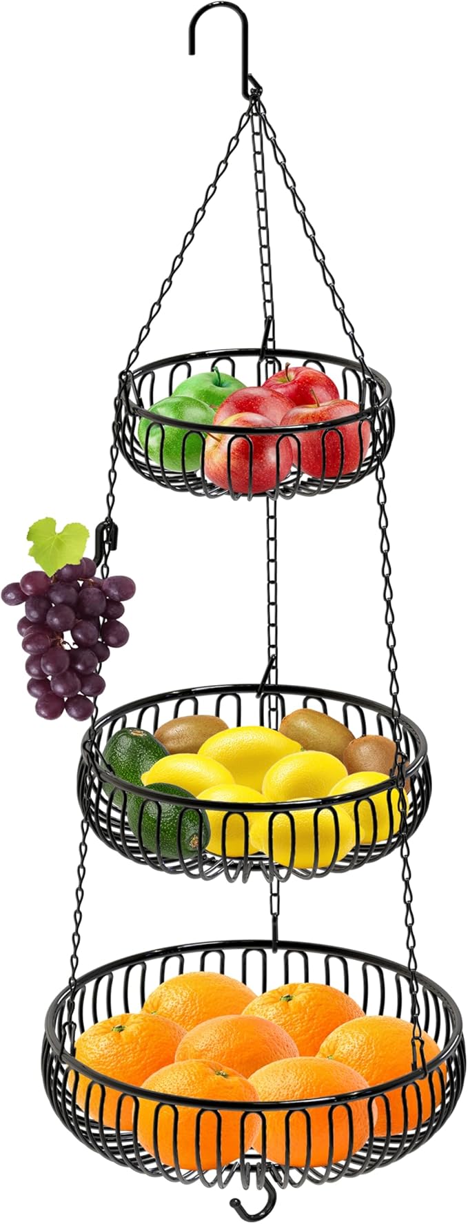 Simple Houseware Adjustable Metal Hanging Fruit Basket, Oblate, Black, 11" W x 11" L x 30" H-Ruum Studio Home