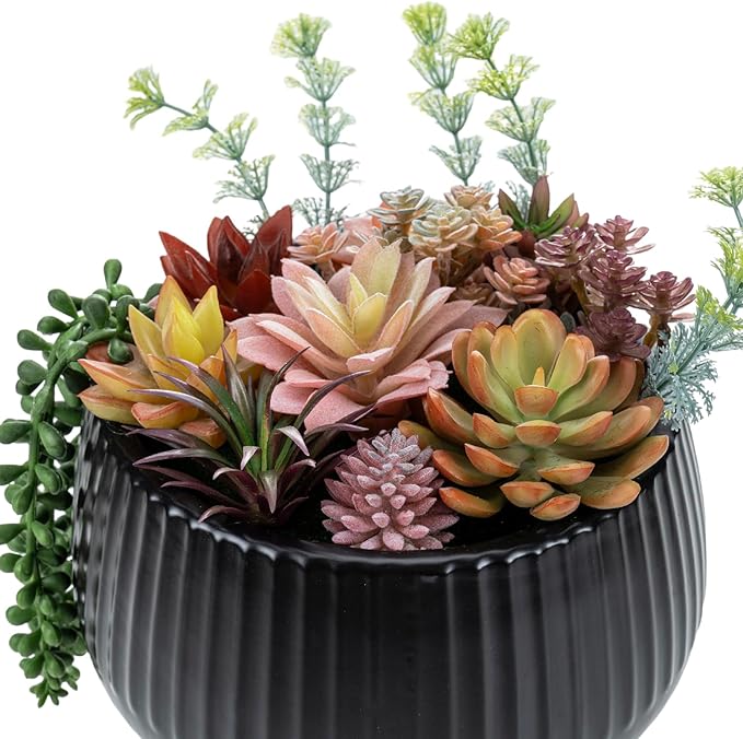 MyGift 10 Inch Modern Artificial Succulent Arrangement Potted in Matte Black Ribbed Ceramic Round Planter, Decorative Plant Pot with Assorted Faux Mini Succulents-Ruum Studio Home