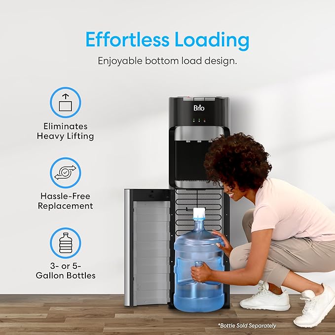 Brio Bottom Loading Water Cooler Dispenser for 5 Gallon Bottles - 3 Temperatures with Hot, Room & Cold Spouts, Child Safety Lock, LED Display with Empty Bottle Alert, Stainless Steel-Ruum Studio Home