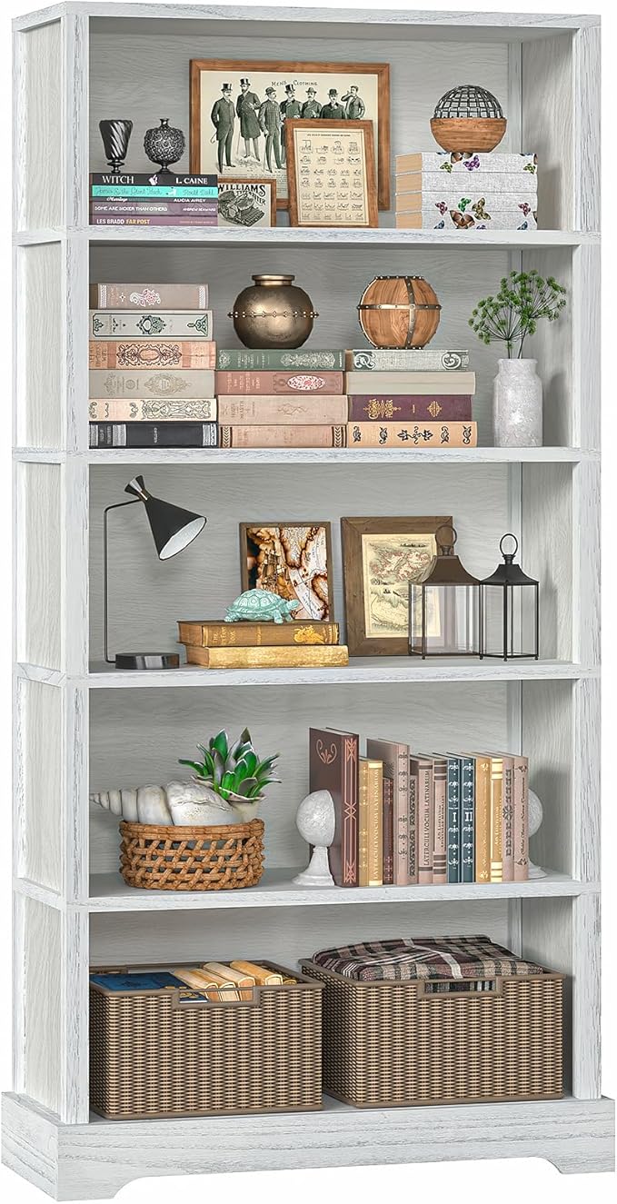 TVU 5-Shelf Wood Bookcase, 65 Inch Tall Bookshelf with Storage, Floor Standing Display Book Shelf，for Living Room Bedroom Study Office，Antique White-Ruum Studio Home