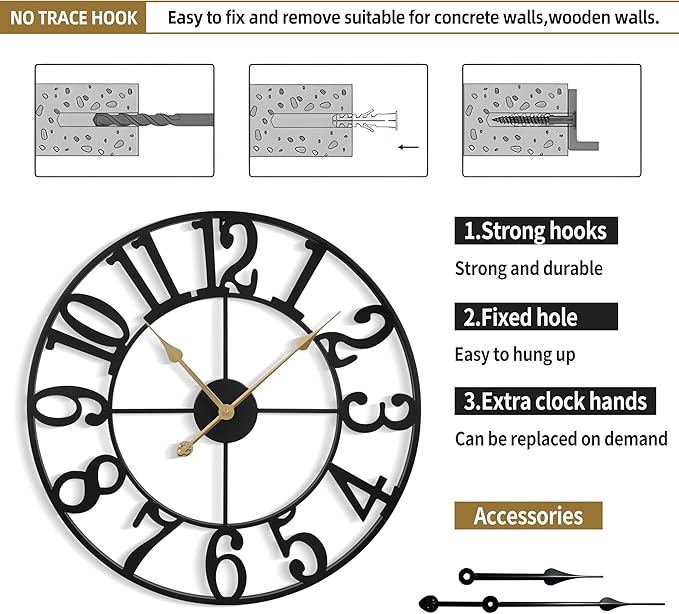Large Wall Clock For Living Room Decor - 80cm/ 32 Inches Nearly Silent Non-Ticking Metal Wall Clocks Battery Operated, Vintage Decorative Modern Wall Clock For Bedroom, Office, Farmhouse Decor