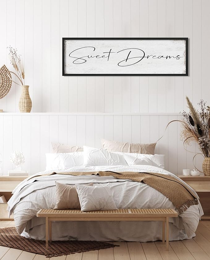 Sweet Dreams Sign Bedroom Decor: Sweet Dreams Wall Decor Above Bed Large Farmhouse Guest Room Hanging Plaque Framed Wall Art for Over Bed 12" x 40"-Ruum Studio Home