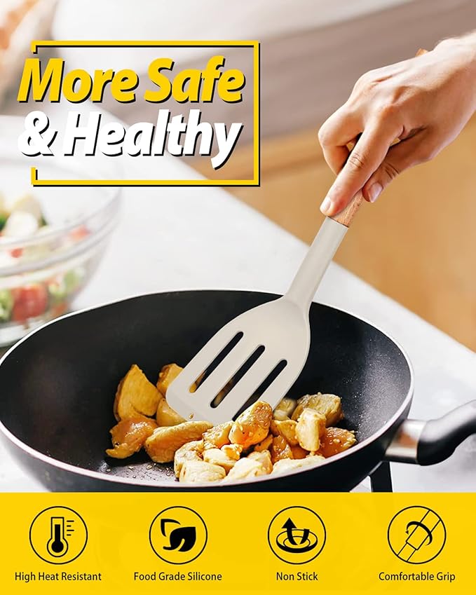 Pack of 2 Silicone Cooking Spatula, Heat Resistant Solid Turner, Non Stick Slotted Spatulas with Wooden Short Handle,Ideal Wood Kitchen Utensils Set for Frying, Baking, Flipping, Turning-Ruum Studio Home