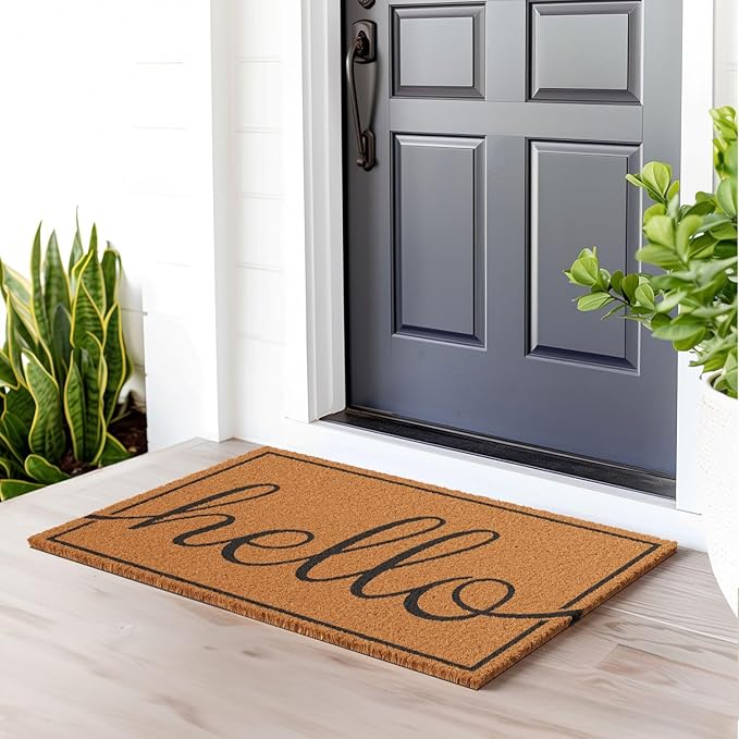 Barnyard Designs Natural Coco Coir Heavy Duty Backing Doormat - Large Cute Non-Slip Front Door Welcome Mat for Outside Entrance or Porch Entry, Brown (24x36, Hello)-Ruum Studio Home