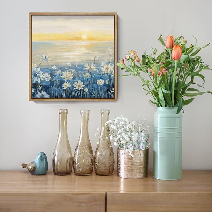 Bathroom Decor Wall Art-Framed Canvas Wall Art Modern Beach Coastal Floral Sunset Boho Ocean Artwork Blue Yellow Lotus Flower Zen Wall Picture for Bedroom Kitchen Office Small-Ruum Studio Home