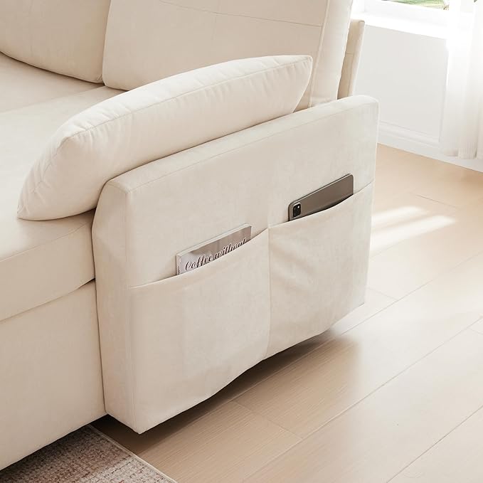 Waxberry Sectional Sofa Couch, Pull Out Couch Sleeper Sofa Bed with Storage for Living Room, Reversible Chaise, Side Pockets & Dual USB/Type-C Ports, Beige-Ruum Studio Home