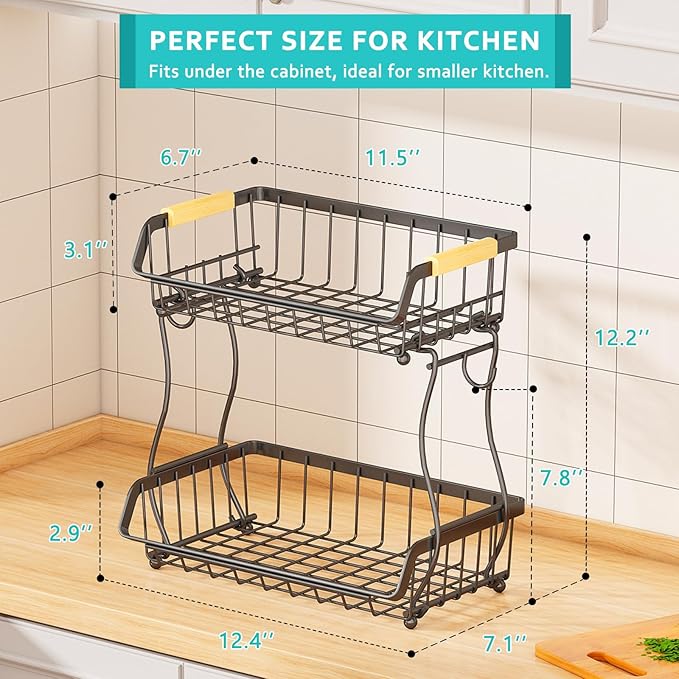 2 Tier Fruit Basket with 2 Banana Hangers, Detachable Countertop Fruit Bowls for Kitchen Counter, Metal Wire Fruit Vegetable Storage Holder Stand with Wooden Handles for Bread, Snacks, Veggies-Ruum Studio Home