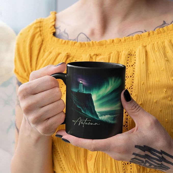 Customized Name Black Coffee Mug, Personalized Beautiful Northern Lights And Lighthouse Mug, Custom Mystical Ocean View Ceramic Cup, Gift For Women Men, Nature Themed Mug 11oz 15oz-Ruum Studio Home