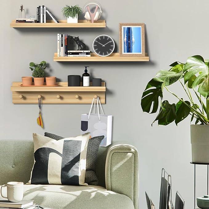MBYD Natural Wood Floating Shelves, Unfinished Wood Picture Ledge, 24 Inch Picture Ledge for Kids Room, Floating Nursery Book Shelf with Hooks for Living Room, Kitchen, Bathroom-Ruum Studio Home