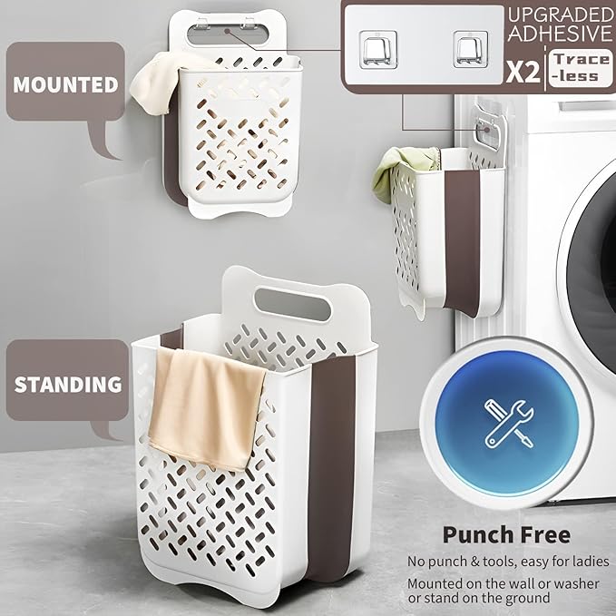 Plastic Collapsible Hanging Laundry Baskets with Carry Handle, Space-Saving Wall Hanging Laundry Basket Durable Tall Folding Plastic Laundry Hamper Waterproof Dirty Clothes Organizer XL+L-Ruum Studio Home