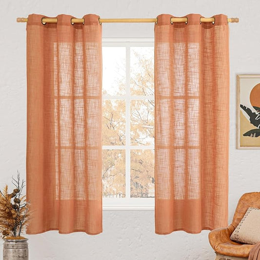 LAMIT Burnt Orange Semi Sheer Linen Curtains 63 Inch Length, Light Filtering Panels Bronze Grommet Country Decor Drapes for Bedroom/Living Room, 2 Panels, 34 x 63 Inch-Ruum Studio Home