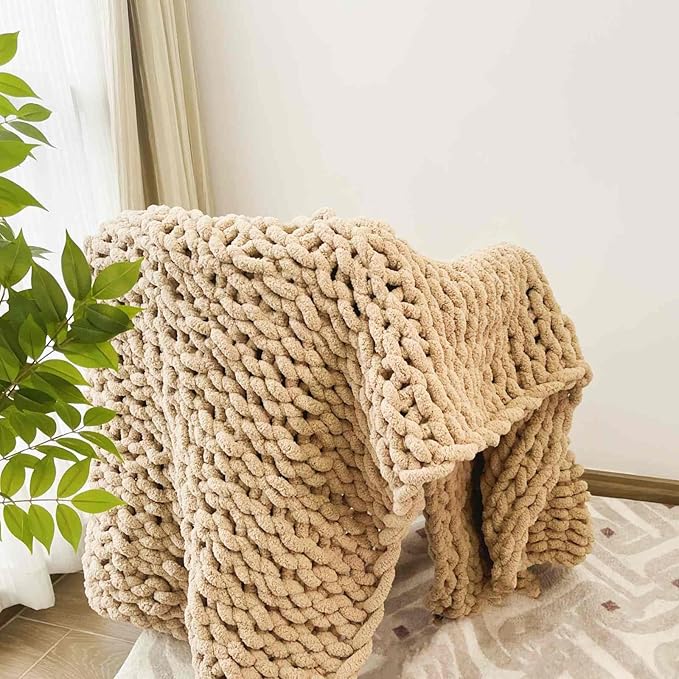 Chunky Knit Blanket Throw 48"x71", Chenille Throw Blankets, Handmade Warm & Cozy Blanket Couch Bed Home Decor, Soft Breathable Fleece Banket, Christmas for Couch Bed Sofa Best Gift (Tan)-Ruum Studio Home