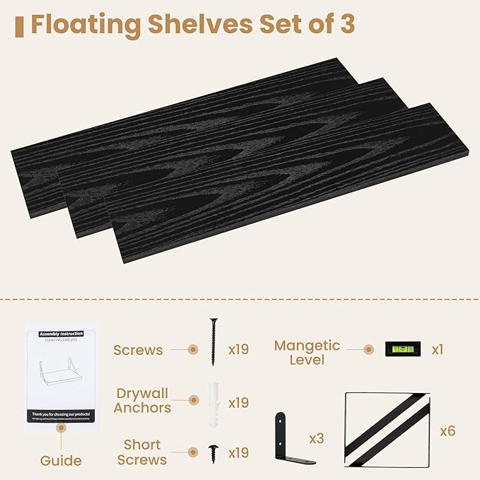 Heimlove 36 Inch Black Floating Bookshelves Set of 3,Heavy Duty Wall Mounted Bookshelves,Bookshelf for Living Room,Bedroom,Kitchen,Laundry Room Storage & Decor-Ruum Studio Home