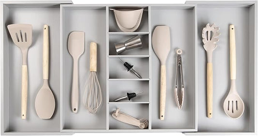 Adjustable Kitchen Drawer Organizer for Utensils and Junk, Food-Safe Contract Grade with 100% Sustainable Wood, Expandable from 19 to 33 Inches Wide - Gray Bamboo-Ruum Studio Home