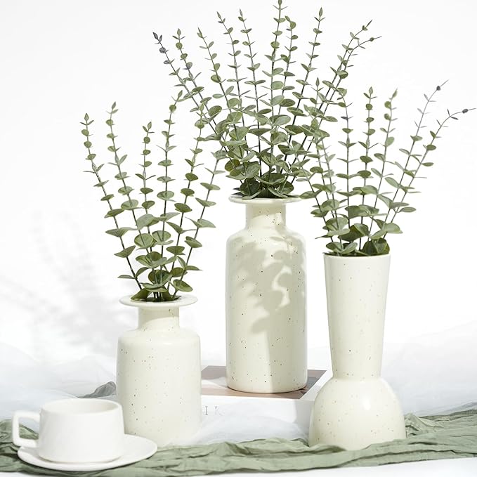 24Pcs Faux Eucalyptus Stems, 15" Artificial Eucalyptus Plants with White Frosted Coating, Fake Eucalyptus Decor Plastic Greenery Leaves for Wedding Bouquets Home Decor DIY Floral Arrangements-Ruum Studio Home