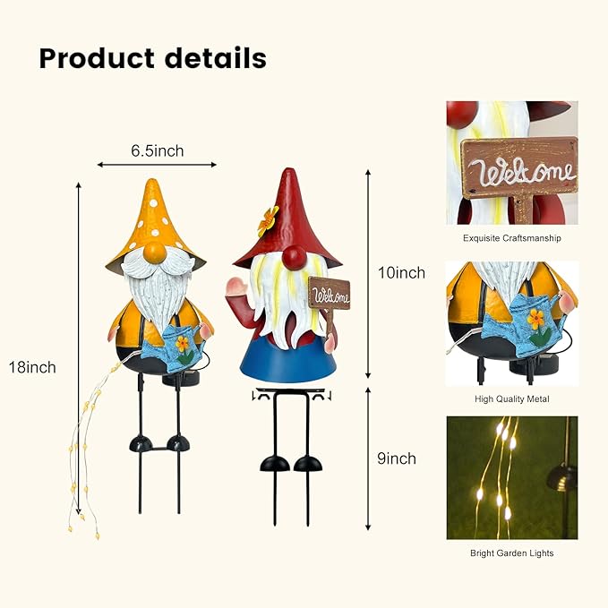 HONGLAND Metal Gnome Yard Art -18 Inch Garden Gnomes Statues Outdoor Decor with Watering Can Solar Lights -3D Outdoor Figurines for Patio Yard Lawn Porch Ornament Gardening Gifts-Ruum Studio Home