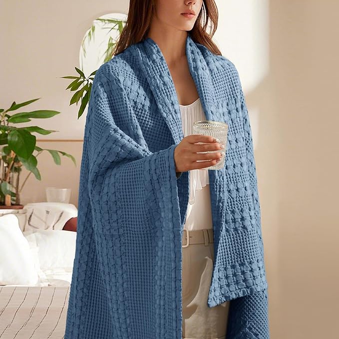 PHF 100% Cotton Waffle Weave Throw Blanket, Soft Lightweight Breathable Cozy Summer Throws for Couch Bed Sofa, Luxury Aesthetic Woven Blanket for Home Decor & Office, 50"x60", Captain's Blue-Ruum Studio Home
