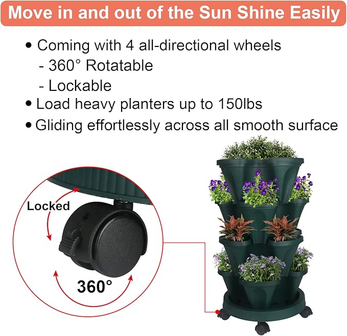 Vertical Planter 4 Tier Stackable Planters Garden Planters Strawberry Herb Flower and Vegetable Planter Indoor Outdoor Gardening Pots with Removable Wheels and Tools-Ruum Studio Home