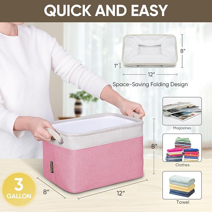 BALEINE 2 Pack Fabric Storage Bins for Shelves, Linen Storage Baskets for Organizing, Decorative Closet Bins for Clothes, Home (Pink, 12"x8"x8")-Ruum Studio Home