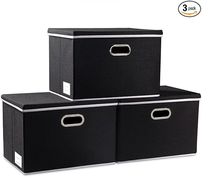 PRANDOM Large Foldable Storage Boxes with Lids [3-Pack] Fabric Collapsible Storage Bins Organizer Containers Baskets Cube with Cover for Home Bedroom Closet Office Nursery Black(17.7x11.8x11.8)-Ruum Studio Home