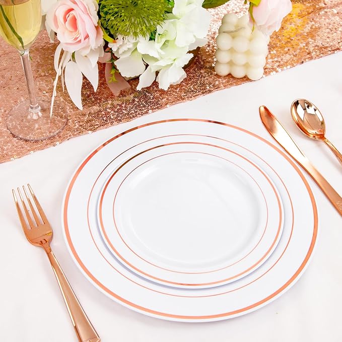 FLOWERCAT 60PCS Rose Gold Plastic Plates - Heavy Duty Rose Gold Plates Disposable for Party Wedding- Include 30PCS 10.25inch Dinner Plates and 30PCS 7.5inch Dessert Plates-Ruum Studio Home