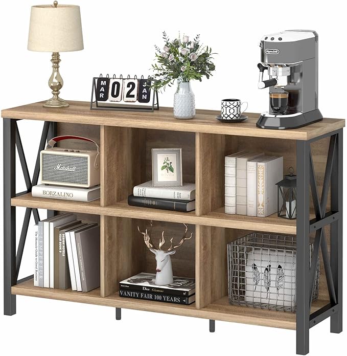 FATORRI 6 Cube Storage Organizer with Shelf, Long Wood and Metal Cubby Bookcase, Industrial Horizontal Bookshelf (Rustic Oak, 47 Inch)-Ruum Studio Home