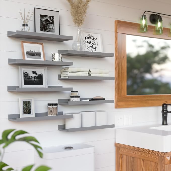RICHER HOUSE 8 Set Floating Wall Mounted Shelves, Nursery Hanging Book Shelves with Lip for Storage, Gray Display Picture Ledge Shelf for Bedroom Bathroom Kitchen Living Room Wall Decor, Modern Grey-Ruum Studio Home