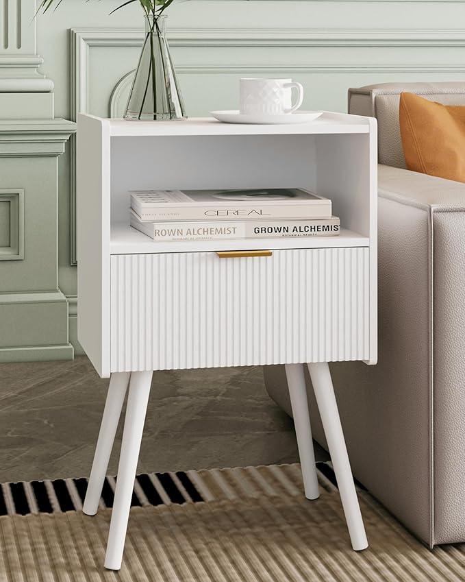 Nightstand,Modern Bedside Table with Storage Drawer and Open Wood Shelf, Accent Night Stand with Solid Wood Legs for Living Room, Bedroom and Small Spaces,Easy Assembly (White)-Ruum Studio Home