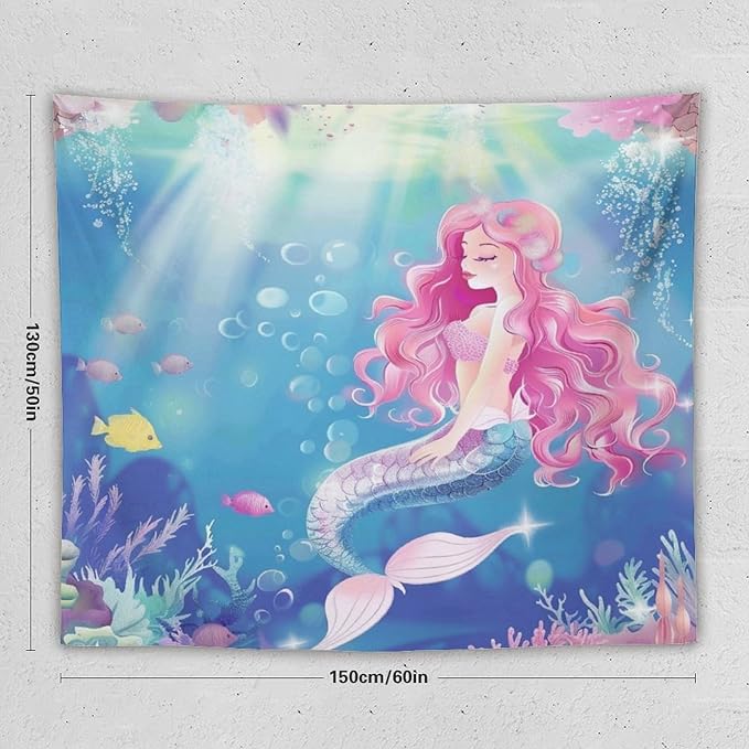HZOHNAGO Mermaid Girls Tapestry Watercolor Mermaid Princess Pink Hair Pattern for Kids Room Decoration Printed Wall Tapestry Wall Hanging for Bedroom Living Room Dorm 60" W x 50" H-Ruum Studio Home