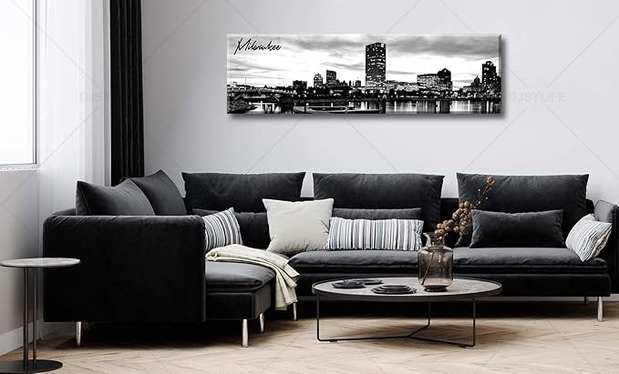 DJSYLIFE Milwaukee Skyline Wall Art Black and White Stretched Canvas Wall Art Prints for Bedroom or Office Decoration Ready to Hang 13.8" x 47.3"-Ruum Studio Home