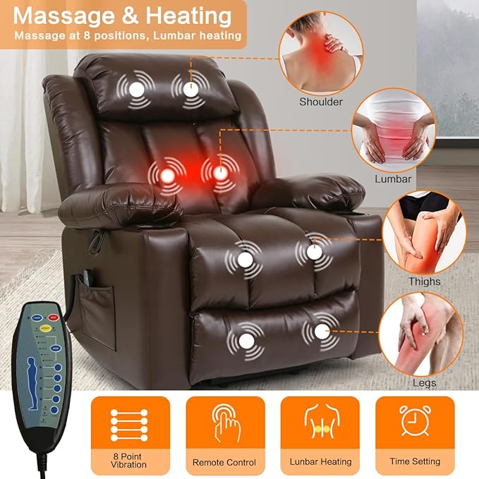 Power Lift Recliner Chair for Elderly Breathable Leather Recliner Chair with Massage and Heat for People Limited Mobility,2 Cup Holders,Electric Stand Assist,USB Ports,Gifts for Family (Brown)-Ruum Studio Home